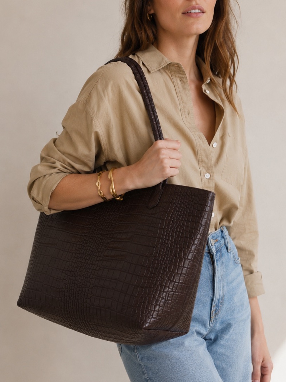 H&M Brown Croc Embossed Faux Leather Tote Bag Burgundy Lined Shopper Purse